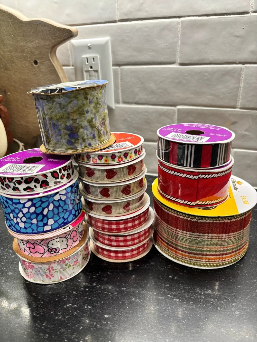 New Assorted Decorative Ribbon Lot 15 Rolls Hearts Plaid Floral Hello Kitty